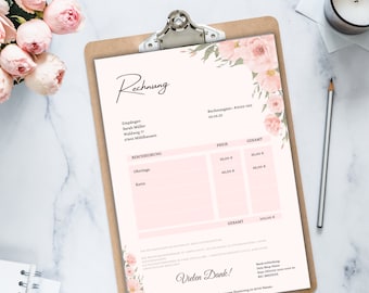 Invoice template small business correct invoice german Digital Canva Download A4 flowers pink