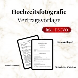 Könnte beinhalten: Eine digitale Dokumentvorlage für Hochzeitsfotografie-Verträge, mit dem Text "Hochzeitsfotografie Vertragsvorlage inkl. DSGVO" und "Neue Auflage!" in Rot. Das Dokument ist mit "DSGVO - Konform" und "Für Apple Mac & Windows" gekennzeichnet.