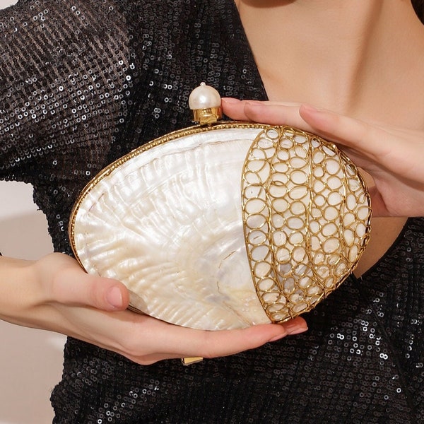 Mother of Pearl Sea Shell Minaudiere Clutch, Double sided Natural Calm MOP Shoulder bag with 14k Gold plated Brass Frame Christmas gift