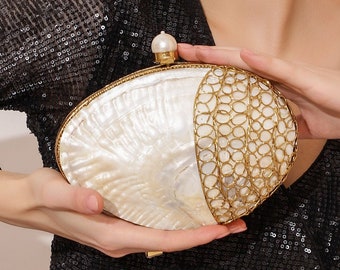 Mother of Pearl Sea Shell Minaudiere Clutch, Double sided Natural Calm MOP Shoulder bag with 14k Gold plated Brass Frame, Mother's day gift