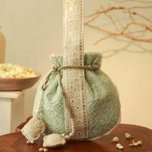 Embroidered Potli Clutch, Women Potli Pouch, Drawstring Potli Purse, Gold Potli bag, embroidered bag, Indian bag, wedding bag, Diwali gift