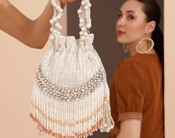 Jalsa White Pearl Potli Bag with Handle, Bucket Bag, Handbag for women, Indian ethnic wear, Mother's day gift , wedding gift, Pouch Bag