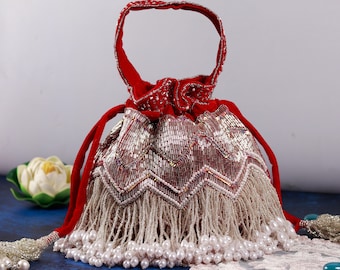 Meher Red Embroidered Potli Bag with Handle, Bucket Bag, women handbag, Indian ethnic wear, Mother's day gift , wedding gift, Pouch Bag