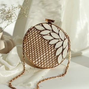 Handmade Gold Wire Box Clutch with White Mother of Pearl | Geometric Evening Purse | Designer Party Clutch for Women
