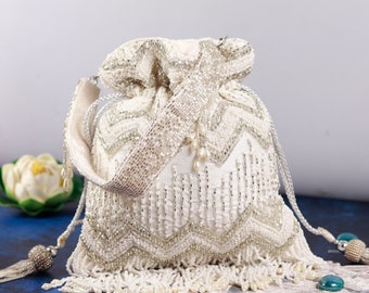 Amaal White Pearl Potli Bag with Handle, Bucket Bag, Handbag for women, Indian ethnic wear, mother's day gift , wedding gift, Pouch Bag