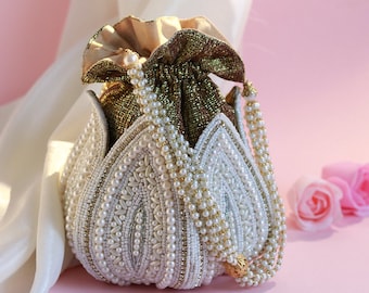 Elegant Lotus Potli Bag, Unique Embroidered Indian Bridal Potli for Weddings, Engagements, Bridesmaid & Anniversary Gifts by THE TAN CLAN