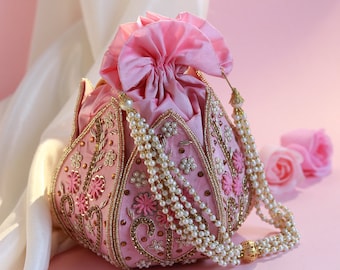 Elegant Lotus Potli Bag, Unique Embroidered Indian Bridal Potli for Weddings, Engagements, Bridesmaid & Anniversary Gifts by THE TAN CLAN
