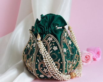 Elegant Lotus Potli Bag, Unique Embroidered Indian Bridal Potli for Weddings, Engagements, Bridesmaid & Anniversary Gifts by THE TAN CLAN