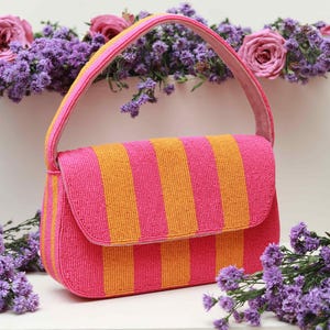 Bunte Perlen Tasche mit Griff, Handtasche, Lässige Handtasche, Indisches Kunsthandwerk, Handgemacht, Baguette tasche, Faden- & Perlenarbeit, Streifen