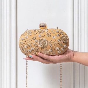 Bolso de mano ovalado Zardozi dorado, regalo para dama de honor nupcial, bolso de mano bordado, bolso de mano hecho a mano, regalo para ella, bolso bandolera, regalos de boda