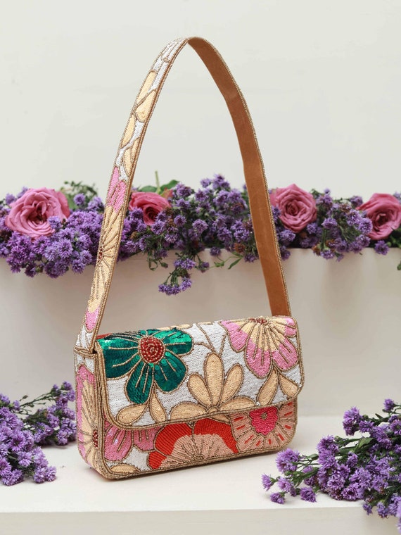 着物・浴衣 Clasp bead bag/retro vintage/Flower Vintage Floral Kiss Lock Handbag and Crossbody Bag (Dual-Use