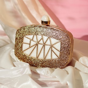 Handcrafted Geometric Mother of Pearl Clutch|Gold Wire Inlay Evening Bag| Designer Box Clutch for Wedding & Parties, valentines gift for her