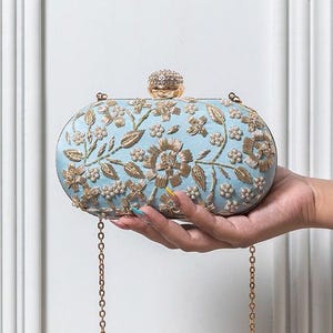 Bolso de mano ovalado Zardozi azul, regalo para dama de honor nupcial, bolso de mano bordado, bolso de mano hecho a mano, regalo para ella, bolso bandolera, regalos de boda