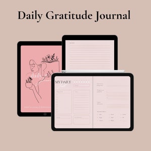 May include: A digital planner on a tablet screen with a pink background. The planner includes sections for daily tasks, gratitude, mood tracking, and notes. The text "My Daily" is written in cursive at the top of the planner.