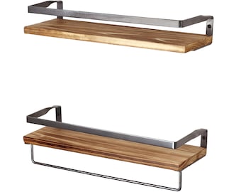 Rustic Antique 16.75" Silver Floating Wall Shelves with Rails, Set of 2 Decorative Farmhouse Style Wooden & Metal Shelf for Bathroom Kitchen