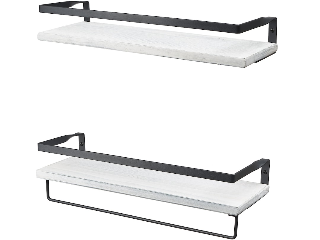 Rustic White 16.75 Floating Wall Shelves With Rails, Set of 2