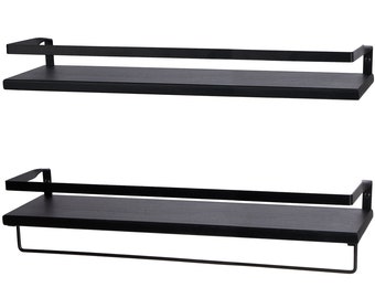 Modern Black 25" Floating Wall Shelves with Rails, Set of 2 - Wall Mounted Wooden Towel Bar Rack Shelf - Bathroom, Kitchen, Office, Bedroom