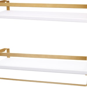 Modern White and Brass 16.75" Floating Shelves with Rail, Set of 2 - Wall Mounted Bathroom Shelf Kitchen Decor with Gold Metal Towel Bar