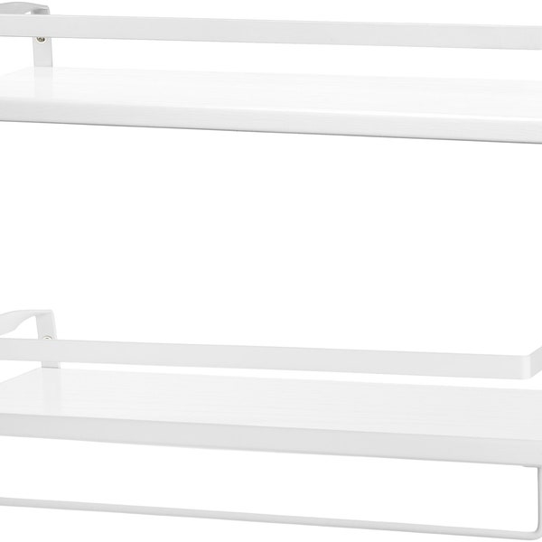 Modern White 16.75" Floating Wall Shelves with Guard Rails, Set of 2 - Detachable Towel Bar and Rails - Great for Bathrooms, Kitchens & More