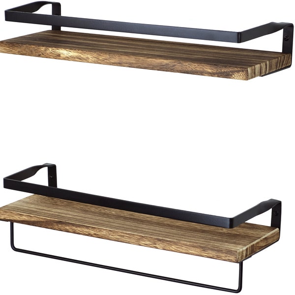 Rustic Brown 16.75" Floating Wall Shelves with Rails, Set of 2 Decorative Farmhouse Wooden Towel Bar Rack Shelf for Kitchen Bathroom Bedroom
