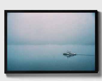 Lonely Boat on a Winter Lake Wall Art Print, Canvas Framed Poster, Austrian Moody Fog, Snowy Winterly Scenery, Fishing Fan Gift Idea