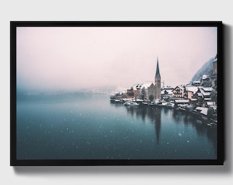 Hallstatt Austria Winter Photo Print, Snowy Village Wall Art