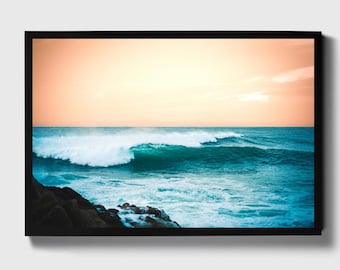 Turquoise Ocean Wave Print, Coastal Sunset Wall Art