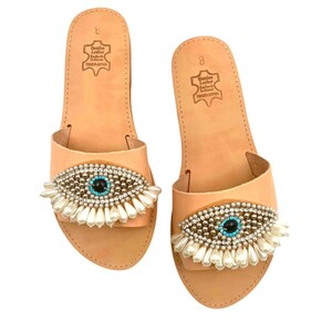 Evil eye sandals evil eye slipon sandals woman eye sandals brown leather slides flat eye sandals rhinestone sandals decorated pearl sandals Brown