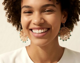 round wire crochet earrings turquoise beaded copper wire coin earrings lighteight dangle earrings for girl under 30 dollar gift for mom