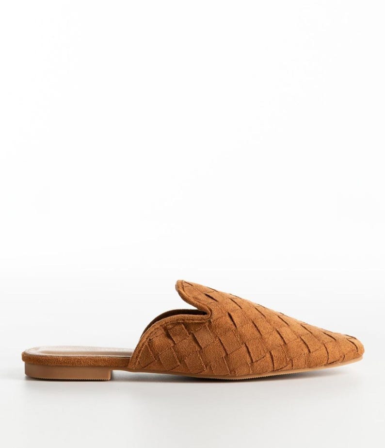 May include: A single brown woven mule shoe with a pointed toe. The shoe has a low heel and a slip-on design. The upper is made of a woven material, and the sole is a solid color.