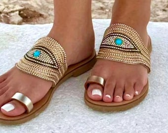 Evil eye flip flops gold sandals toe ring sandals rhinestone sandals evil eye sandals flat gold sandals Greek toe ring thongs Metallic flats