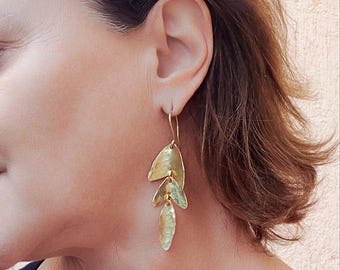 Hammered Brass Leaf Earrings Lightweight Chandelier Earrings botanical long earrings handcrafted bronze woman's earrings