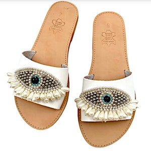 Evil eye sandals evil eye slipon sandals woman eye sandals brown leather slides flat eye sandals rhinestone sandals decorated pearl sandals White