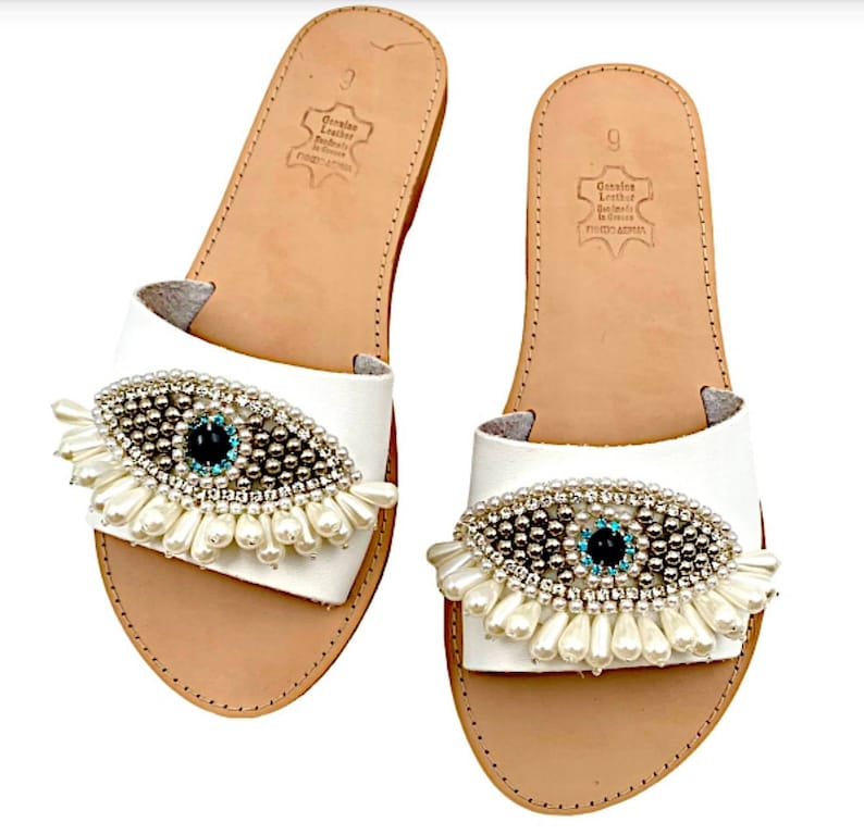 Evil eye sandals evil eye slipon sandals woman eye sandals brown leather slides flat eye sandals rhinestone sandals decorated pearl sandals White