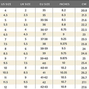 May include: Shoe size conversion chart with US, UK, and EU sizes, inches, and centimeters. Sizes range from US size 4 (8.2 inches, 20.8 cm) to US size 12 (10.9 inches, 27.6 cm).