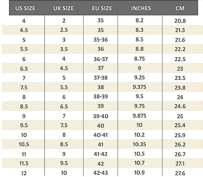 May include: Shoe size conversion chart with US, UK, and EU sizes, inches, and centimeters. Sizes range from US size 4 (8.2 inches, 20.8 cm) to US size 12 (10.9 inches, 27.6 cm).