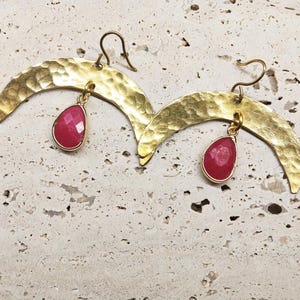 Brass half moon earrings with beads pink agate hammered bronze earrings boho crescent moon earrings for woman handmade jewelry gift for her