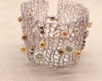 Wire crochet pearl cuff wide mesh cuff adjustable wire cuff wire bracelet  bridal bracelet pearl wedding mesh bracelet white crochet cuff