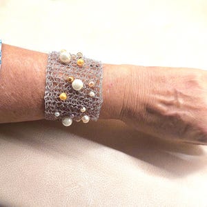 Wire crochet pearl cuff wide mesh cuff adjustable wire cuff wire bracelet  bridal bracelet pearl wedding mesh bracelet white crochet cuff