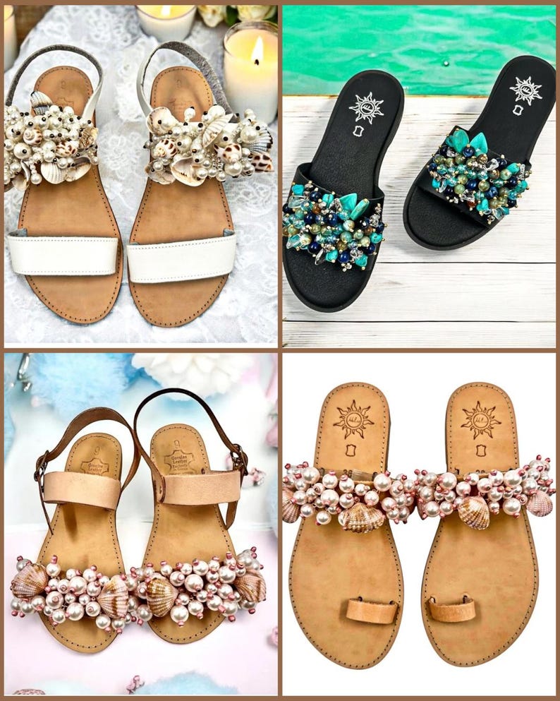 May include: Four pairs of sandals with different colored beads and shells. The sandals are all leather and have a simple design. The beads and shells are arranged in a decorative pattern on the straps of the sandals.