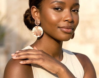 Handmade Hammered Copper Disc Earrings dangle lightweight rose gold round earrings woman's gift