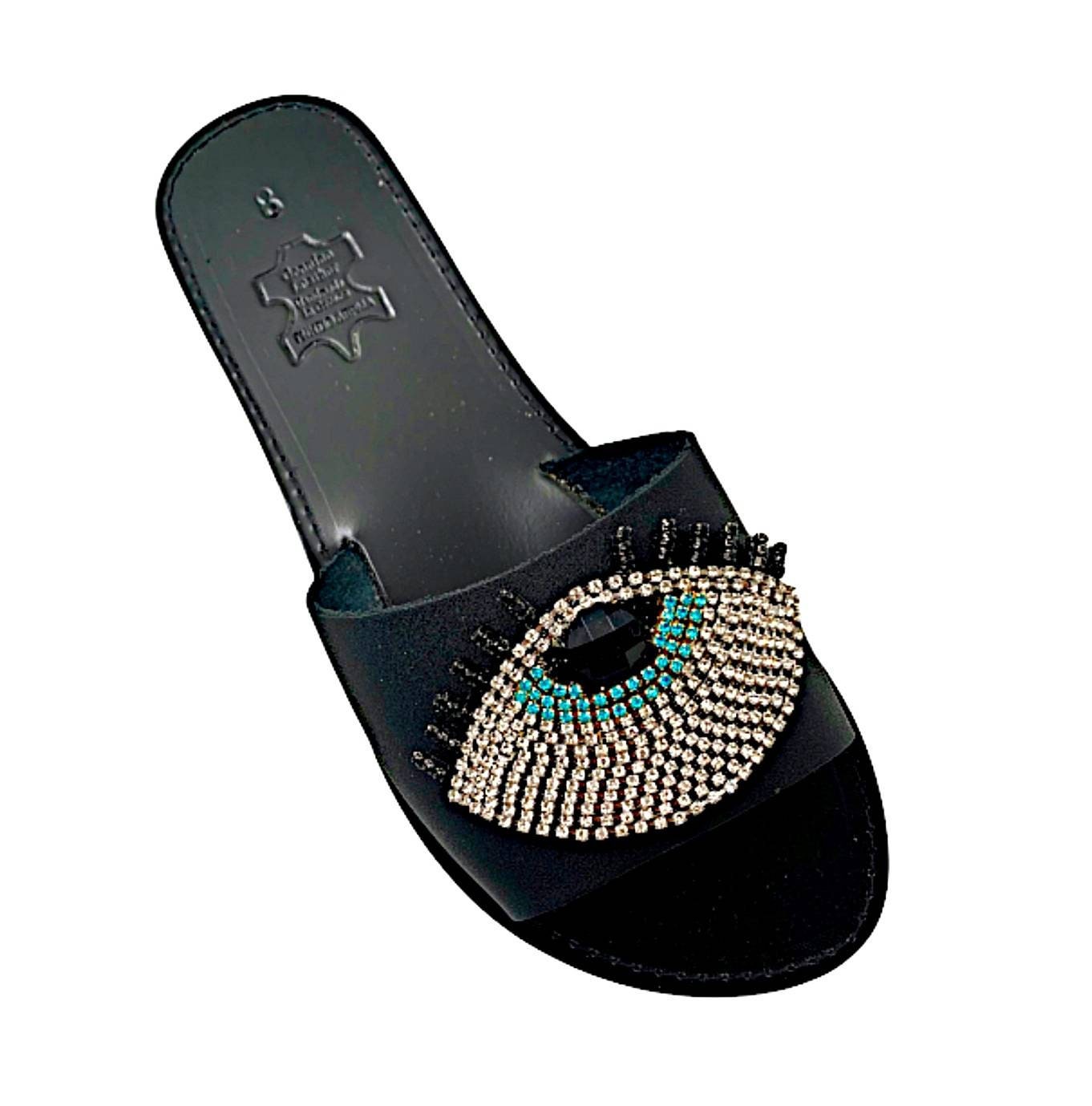 Zwarte leren dia s boze oog sandalen strass sandalen leren boze