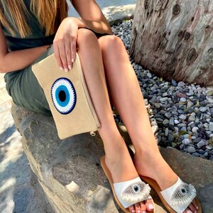 Evil eye sandals evil eye slipon sandals woman eye sandals brown leather slides flat eye sandals rhinestone sandals decorated pearl sandals image 2