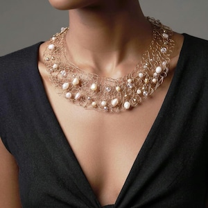 Wire crochet necklace beaded wire necklace adjustable bib necklace pearl bib necklace pearl bridal necklace knitted statement necklace