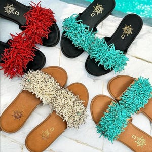 Blue beaded sandals seed bead sandals woman&#39;s decorated slipon sandals white beaded slides red slippers beach wedding sandals made in Greece