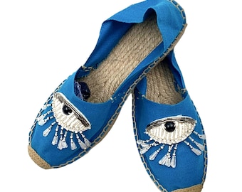 Blau Auge Espadrilles dekoriert Schuhe bösen Blick schwarze Schuhe handgefertigte dekoriert Schuhe bestickt Espadrilles confortable Canvas Augenschuhe