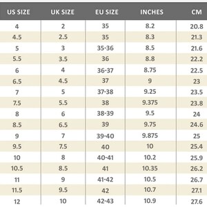 May include: A chart showing women's shoe size conversions from US, UK, and EU sizes to inches and centimeters. The chart includes sizes 4 through 12 in US sizes.