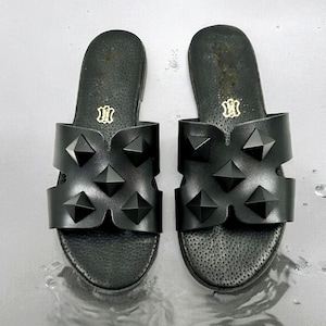 Black slipon sandals black anatomical wedges chunky leather sandals black wedges with prongs chunky platforms black soft sole wedges
