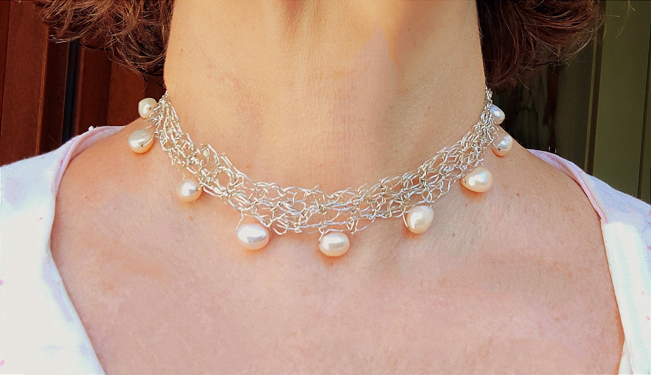 Silver Wire Crochet Choker Pearl Choker Knitted Silver Choker