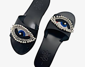 Evil eye sandals, black evil eye slides, decorated Greek leather sandals